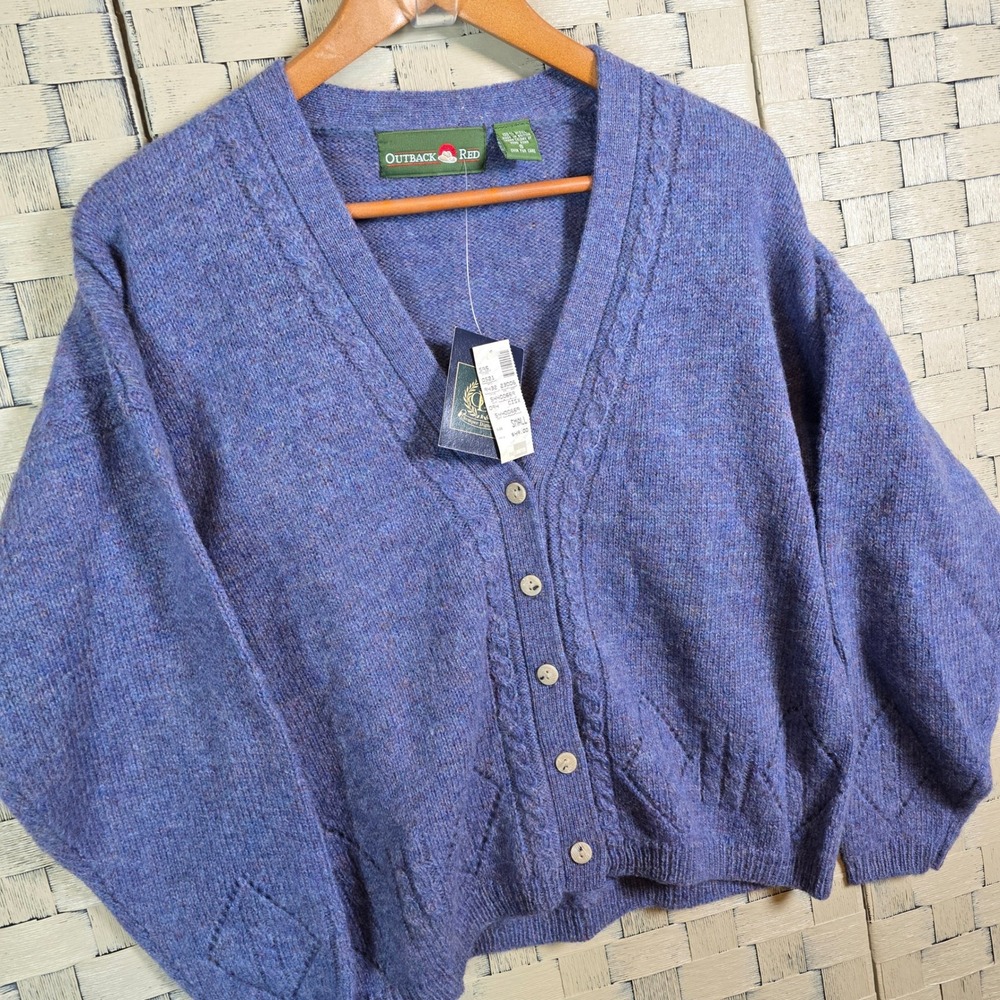 Outback Red Cardigan Sweater Womens Small Blue Marled Wool Knit V-Neck NOS